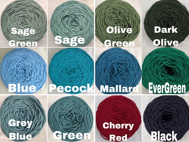 May include: A grid of twelve skeins of cord in various colors, each labeled with white text: Sage Green, Sage, Olive Green, Dark Olive, Blue, Pecock, Mallard, EverGreen, Grey Blue, Green, Cherry Red, and Black. The cord is wound into circular shapes.