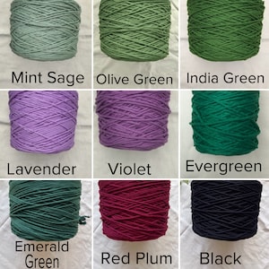 May include: Nine spools of cotton rope in various colors, including mint sage, olive green, India green, lavender, violet, evergreen, emerald green, red plum, and black.