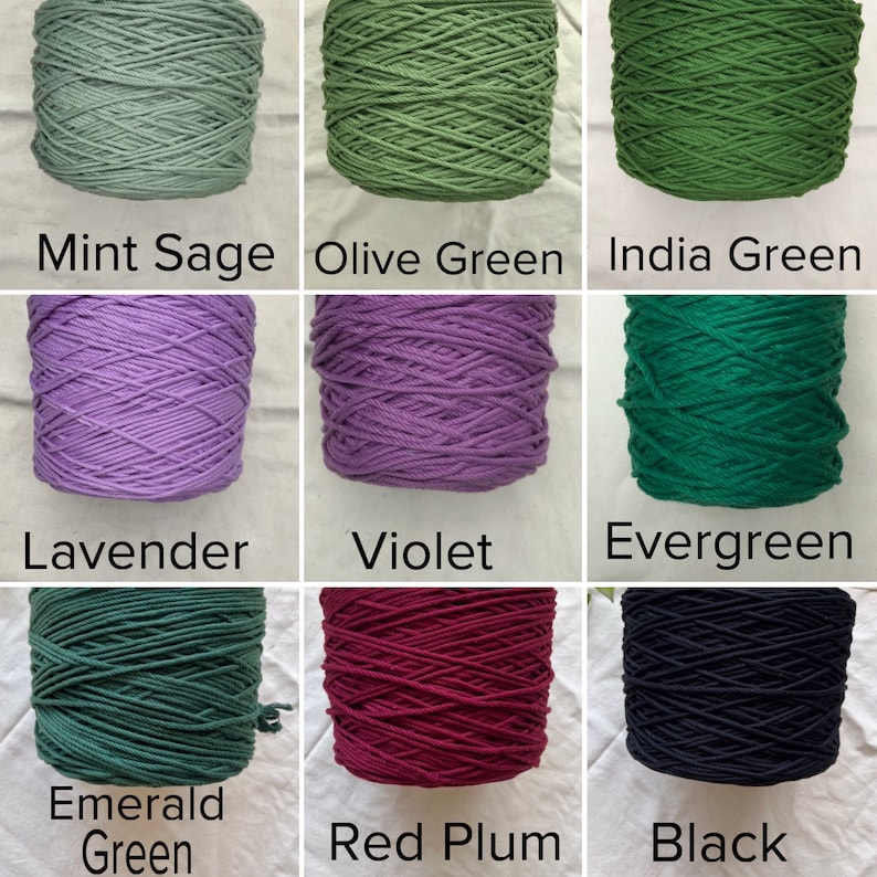 May include: Nine spools of cotton rope in various colors, including mint sage, olive green, India green, lavender, violet, evergreen, emerald green, red plum, and black.