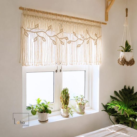 Makramee Blatt Fenster Volant, Boho Küchenvorhang, Fensterdekoration, Boho Fensterdeko