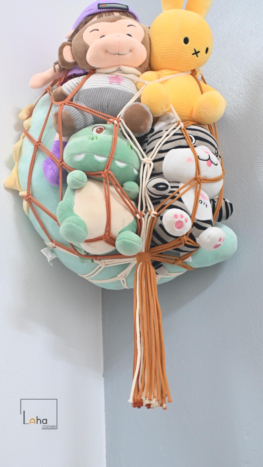 Amaca Porta Peluche Triangolare Boho - 2 Reti In Corda Cotone Per Cameretta, Con Ganci, 140x102x102 Cm