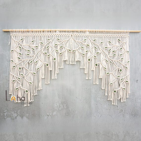 Macrame Curtain Tropical Green Leaf, Boho Leaf Curtain, Door Curtain Boho, Jungle Curtain, Farmhouse Curtain, Handmade Cotton Wall Hanging
