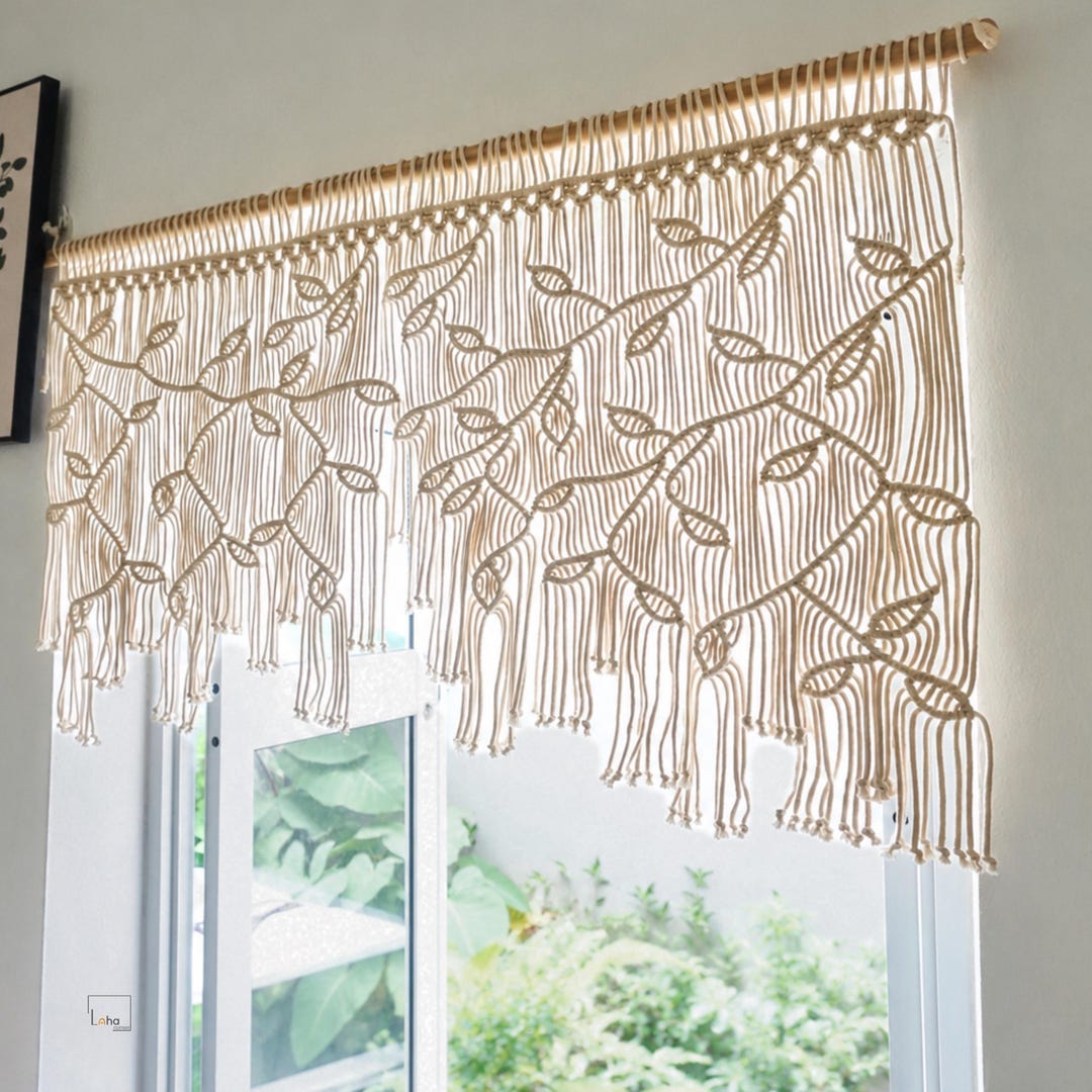 Makramee-Blatt-Fenstergardine, handgefertigter Baumwollvorhang, Boho-Fensterdekoration, individuelle Größen