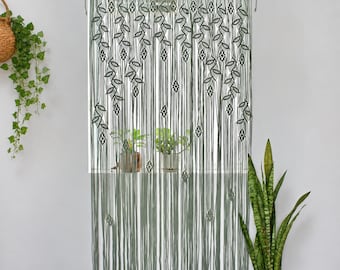 Large Macrame Curtain Panel, Boho Window Divider, Olive Green Fiber Art, Handmade Doorway Curtain, Japandi Wall Hanging Decor