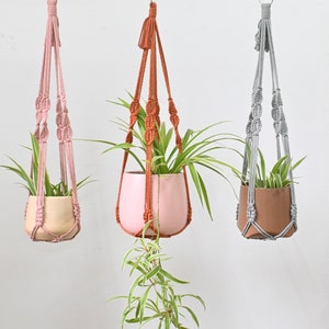 May include: Three macrame plant hangers with different colored cords and pots. The hangers are hanging from a wooden dowel rod. The pots are beige, pink, and brown. The plants are green and leafy.