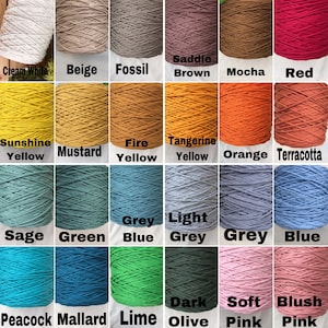 May include: A collection of 20 spools of cotton rope in various colors, including cream, beige, brown, red, yellow, orange, green, blue, grey, and pink. Each spool is labeled with the color name.
