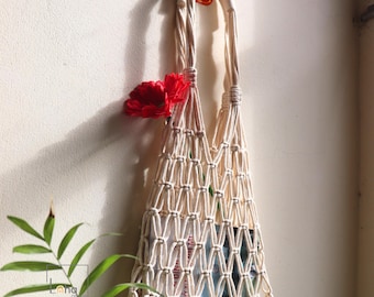 Boho Macrame Net Bag, Reusable Market Tote, Summer Beach Bag, Eco Grocery Bag, Minimalist Gift for Mom, Mother's Day Gift