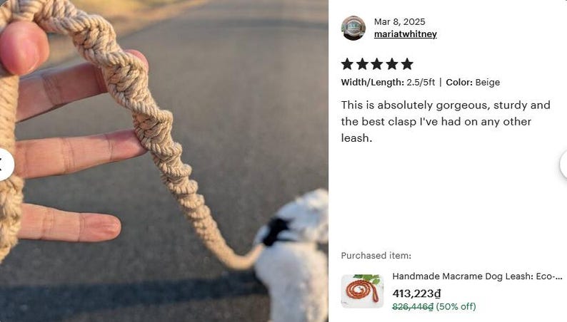 Puede incluir: Una correa para perro de macram&eacute; en color beige con un dise&ntilde;o de cuerda trenzada. La correa tiene un ancho de 6,35 cm y una longitud de 1,52 metros, seg&uacute;n se indica en los detalles del producto. El cord&oacute;n presenta una serie de nudos.