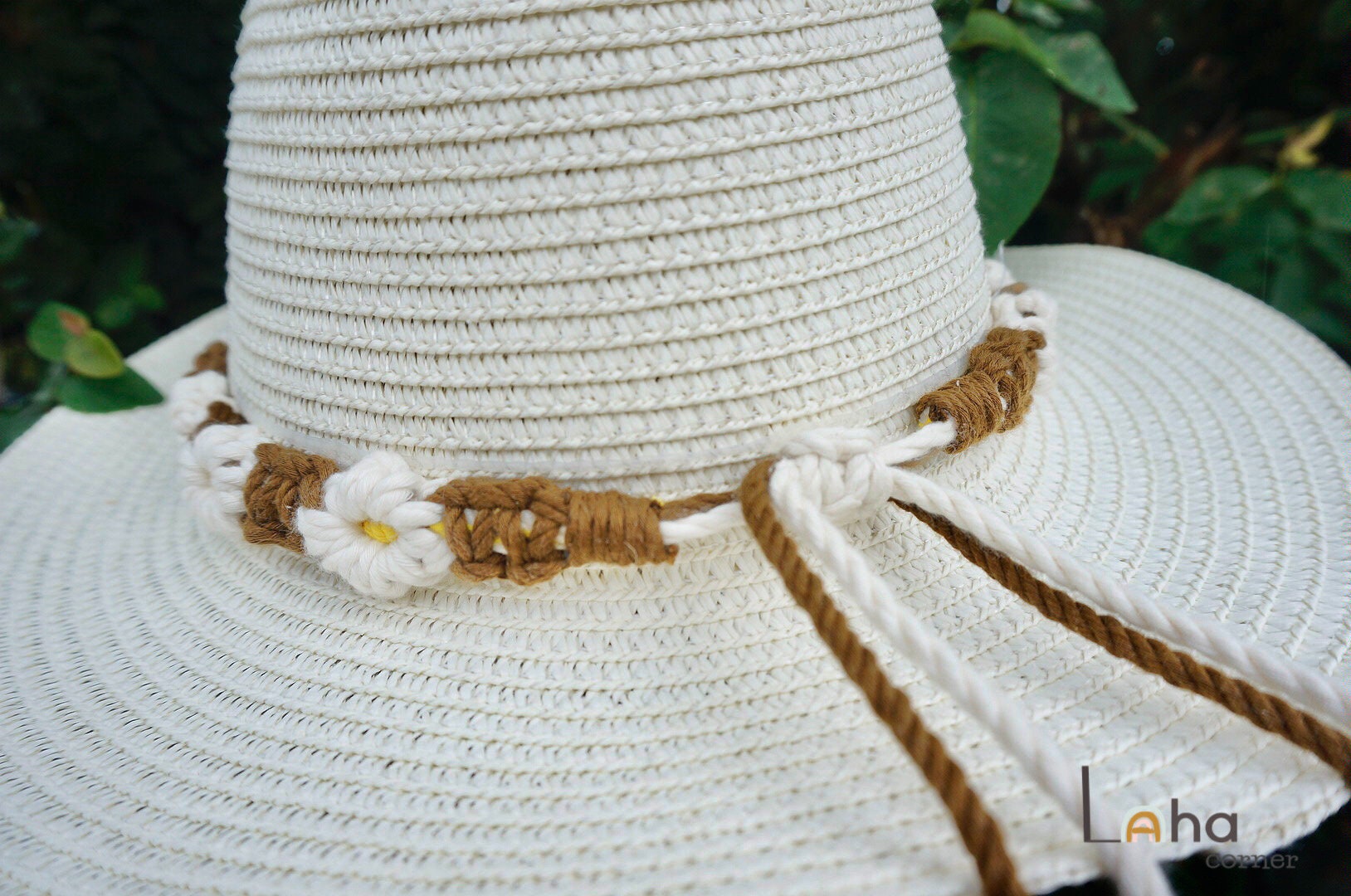 Handmade Custom Daisy Floral Wide Brim Hat With Macrame Hanger Amazon.com: WUODHTW Handmade Crochet Flower Straw Hat Beach  main image 3