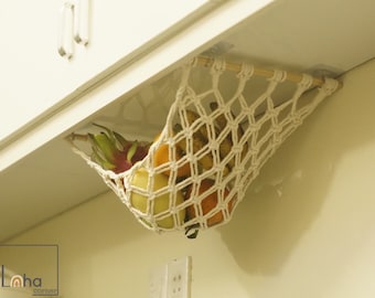 Hamaca para frutas y verduras debajo del gabinete, decoración de frutas, ahorro de espacio en el mostrador de la cocina, almacenamiento de cocina en macramé, ganchos adicionales gratuitos