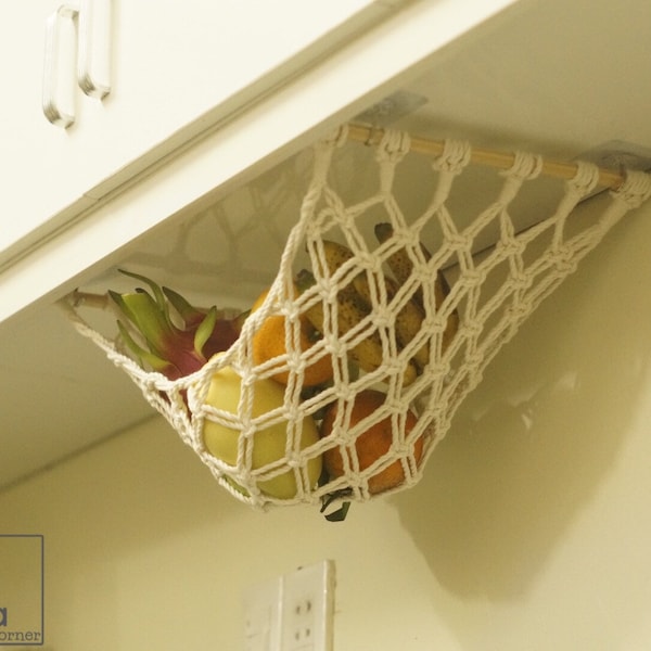 Under Cabinet Fruit and Vegetable Hammock, Fruit Decor, Kitchen Counter Space Saver, Macrame Kitchen Storage, Free Extra Hooks