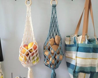 Macrame Hanging Fruit Basket, Cotton Produce Storage for Small Kitchens and RVs
