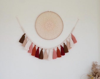 Blush And Terracotta Macrame Tassel Garland With Wood Beads, Wedding Wall Decor, Over The Crib, Headboard Wall Hanging