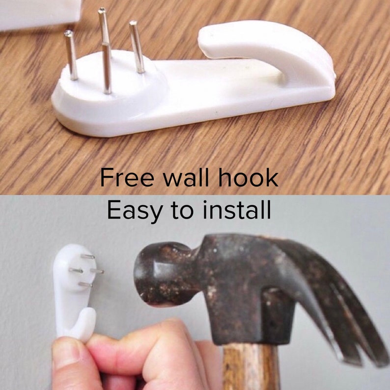 May include: A white plastic wall hook with three prongs and a hammer being used to install it into a wall. The text "Free wall hook Easy to install" is visible below the image.
