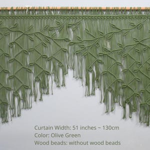 May include: An olive green macrame wall hanging featuring a leaf and vine pattern suspended from a wooden rod. The text on the image states: Curtain Width: 51 inches ~ 130cm, Color: Olive Green, Wood beads: without wood beads. The design has fringe.