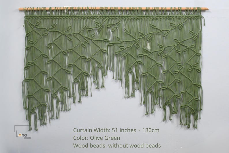 May include: An olive green macrame wall hanging featuring a leaf and vine pattern suspended from a wooden rod. The text on the image states: Curtain Width: 51 inches ~ 130cm, Color: Olive Green, Wood beads: without wood beads. The design has fringe.