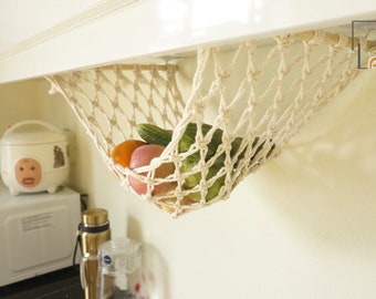 Macrame Hanging Fruit Basket, Fruit Hammock with Hooks, Fruit Storage, Kitchen Counter Space Saver, Under Cabinet Fruit Hammock