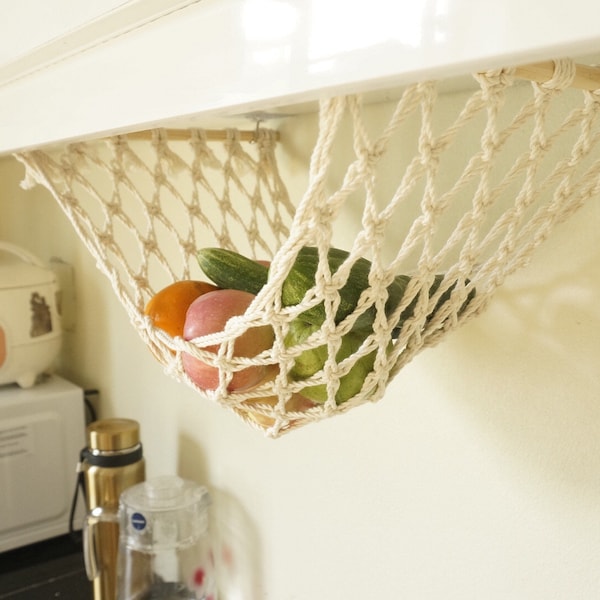 The Original Macrame Fruit And Veggie Hammock, Hanging Fruit Basket, Under Cabinet, Kitchen Counter Space Saver, Kitchen and Dining