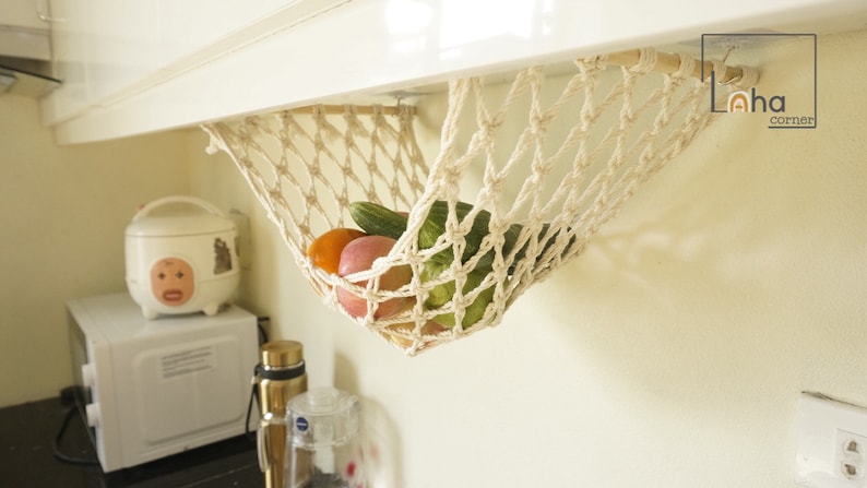 The Original Macrame Fruit And Veggie Hammock, Hanging Fruit Basket, Under Cabinet, Kitchen Counter Space Saver, Kitchen and Dining image 1