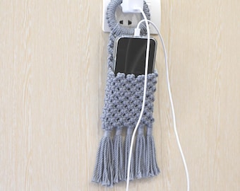 Macrame Phone Holder, Wall-Mounted Charging Pouch, Bedside Cell Phone Organizer, Small Hanging Wall Pocket, Boho Dorm Room Storage