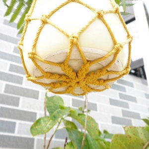 Pu&ograve; includere: Un vaso di ceramica bianco con un portavasi in macram&egrave; giallo. Il vaso &egrave; appeso al soffitto e ci sono foglie verdi nel vaso.