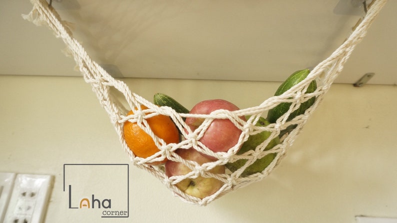 The Original Macrame Fruit And Veggie Hammock, Hanging Fruit Basket, Under Cabinet, Kitchen Counter Space Saver, Kitchen and Dining image 4