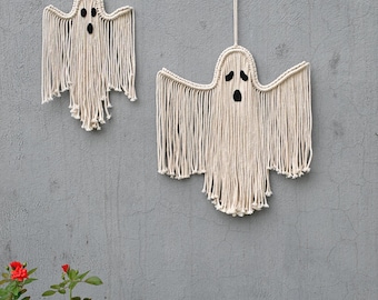 Macrame Ghost Wall Hanging, Handmade Cotton Rope Halloween Home Decor, Neutral Boho Accent