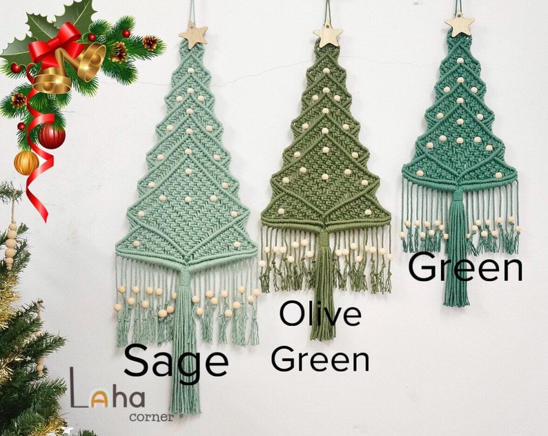 Macrame Christmas Tree with Star Topper, Pine Tree Wall Hanging Christmas Holiday Decoration, Farmhouse Xmas Decor, Macrame Xmas Tree image 2