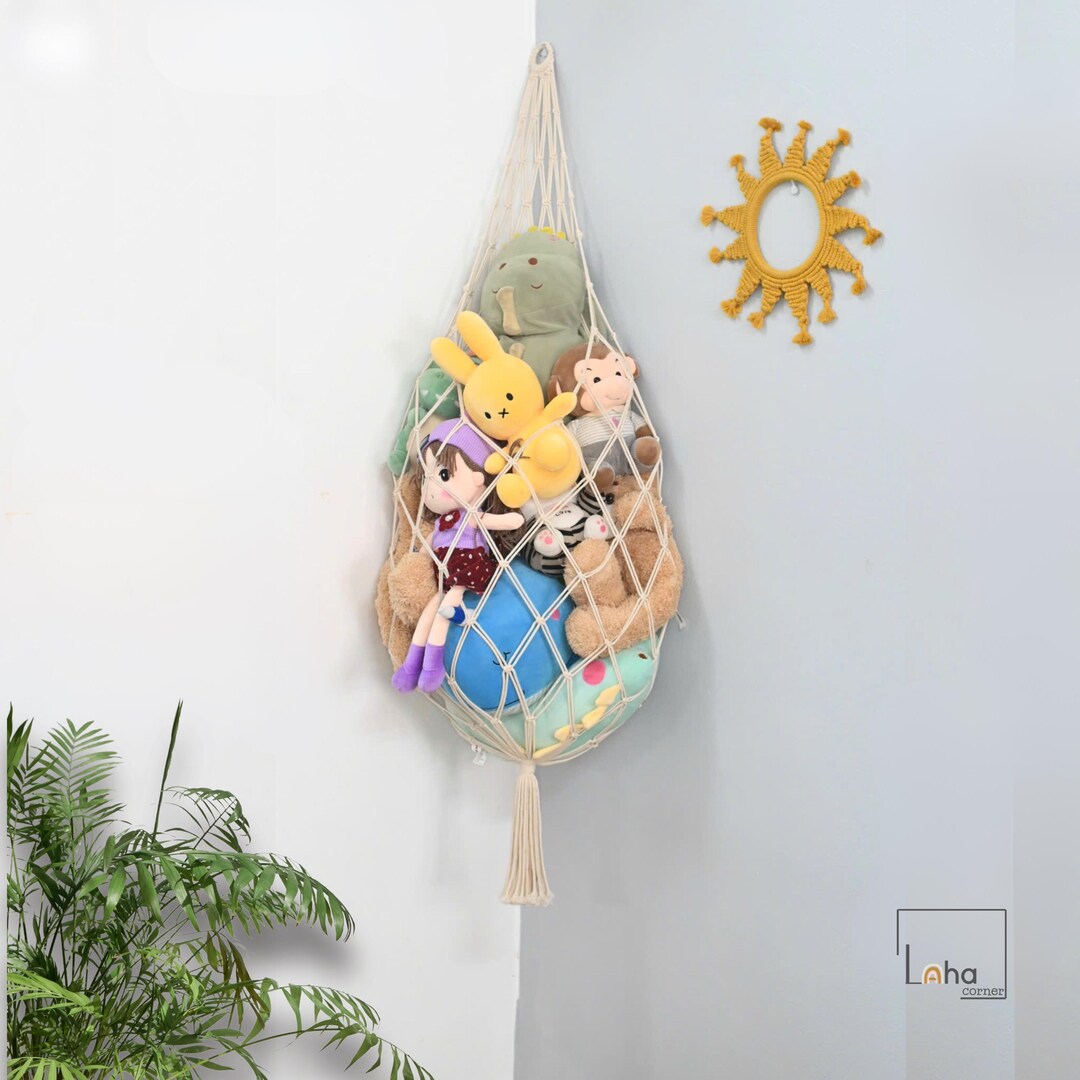 Boho Macrame Stuffed Animal Hammock - Leaf & Moon Wall Hanging Organizer For Kids' Rooms