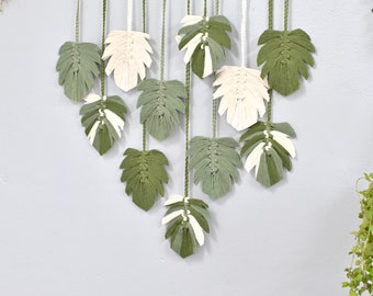 Green Monstera Leaf Wall Decor, Macrame Leaves Wall Hanging, Feather Wall Art, Boho Home Decor, New Home Gifts, Farmhouse Decor, Home Decor