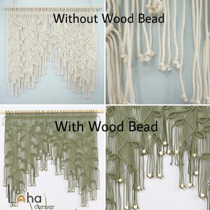 May include: A macrame wall hanging featuring a leaf pattern on a wooden dowel. The top section shows an off-white version labeled Without Wood Bead, while the bottom section shows an olive green version labeled With Wood Bead, including small wooden beads.