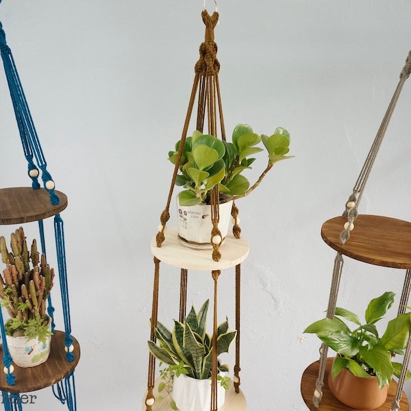 Macrame Hanging Shelf, Double Hanging Shelf, Round Hanging Shelf, Two Tiered Plant Hanger, Stacked Plant Hanger, Garden Lover Gifts, Planter