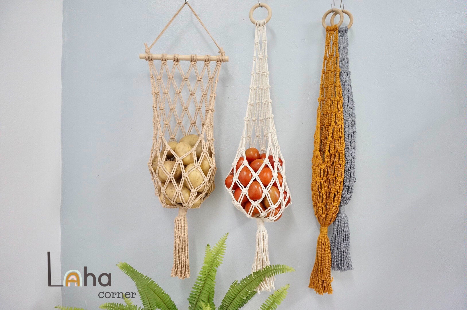 Monfince Handmade Woven Hanging Vegetable Fruit Basket Teardrop Shaped  Hanging Wall Basket Home Kitchen Storage Holder