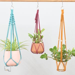 Könnte beinhalten: Drei Makramee-Pflanzenhänger mit verschiedenen farbigen Schnüren und Perlen. Die Hänger halten Topfpflanzen. Die Hänger hängen an einer Holzstange.