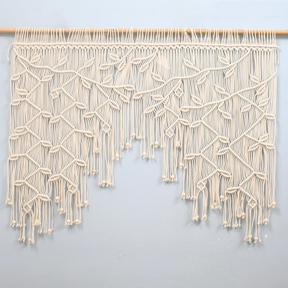 Macrame Window Curtain: Cotton Leaf Valance, Custom Width and Color
