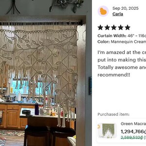 May include: A cream-colored macrame curtain featuring a repeating leaf pattern and a knotted fringe design. The curtain is suspended from a black rod and measures 46 inches in width. The intricate fiber art displays a series of interconnected leaf motifs.