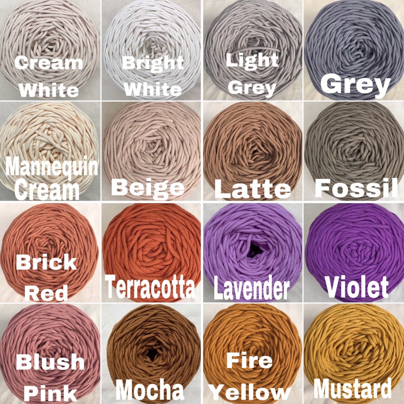 May include: A grid of sixteen circular skeins of cord yarn in various colors, each labeled with text including Cream White, Bright White, Light Grey, Grey, Mannequin Cream, Beige, Latte, Fossil, Brick Red, Terracotta, Lavender, Violet, Blush Pink, Mocha, Fire Yellow, and Mustard.