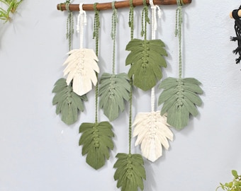 Macrame Leaf Wall Hanging, Green Leaf Wall Decor, Minimalist Wall Art, Home Gifts, Boho Decor Green, Scandinavian Decor,Macrame Feathers Art