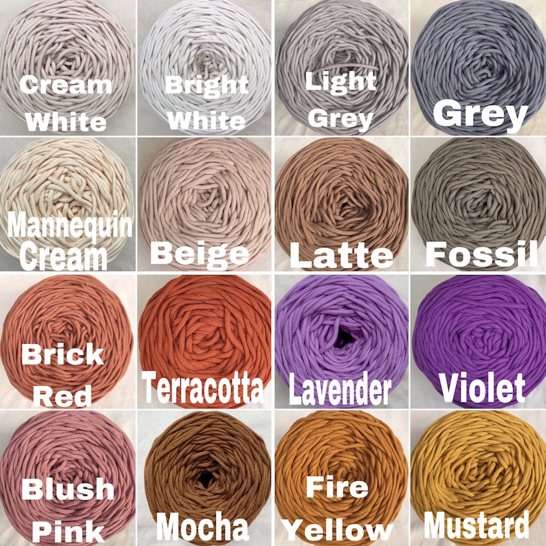 May include: A grid of sixteen circular skeins of cord yarn in various colors, each labeled with text including Cream White, Bright White, Light Grey, Grey, Mannequin Cream, Beige, Latte, Fossil, Brick Red, Terracotta, Lavender, Violet, Blush Pink, Mocha, Fire Yellow, and Mustard.