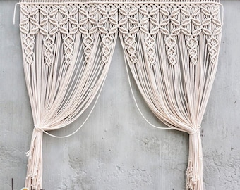 Long Macrame Curtain, Geometric Boho Door Curtain, Window Hanging, Macrame Room Divider, Farmhouse Curtain, Handmade Cotton
