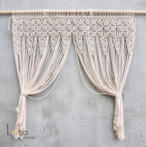 Long Macrame Curtain, Geometric Boho Door Curtain, Window Hanging, Macrame Room Divider, Farmhouse Curtain, Handmade Cotton