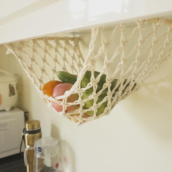 Macrame Hanging Fruit Basket, Fruit Hammock with Hooks, Fruit Storage, Kitchen Counter Space Saver, Under Cabinet Fruit Hammock
