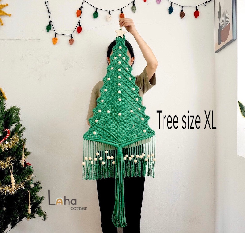 Macrame Christmas Tree with Star Topper, Pine Tree Wall Hanging Christmas Holiday Decoration, Farmhouse Xmas Decor, Macrame Xmas Tree image 5