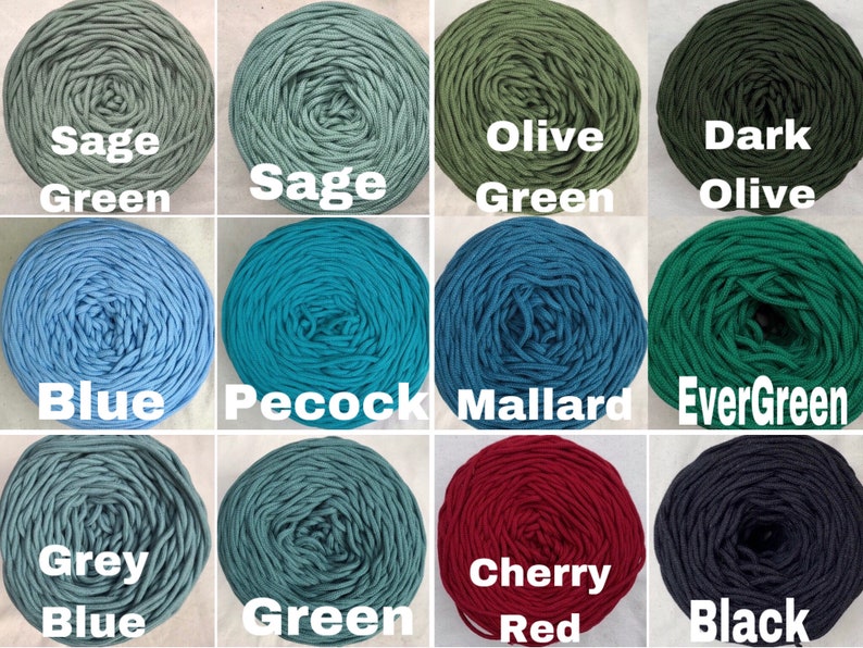 May include: A grid of twelve skeins of cord in various colors, each labeled with white text: Sage Green, Sage, Olive Green, Dark Olive, Blue, Pecock, Mallard, EverGreen, Grey Blue, Green, Cherry Red, and Black. The cord is wound into circular shapes.