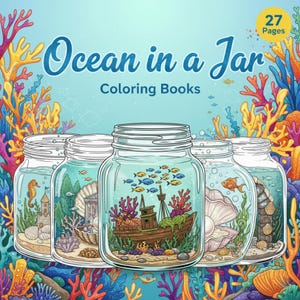May include: A set of "Ocean in a Jar" colouring books. Each book depicts an underwater scene within a mason jar, featuring a seahorse, a sunken ship, and various marine life. The cover art is bright with coral and fish.