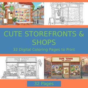 Könnte beinhalten: Ein digitales Malbuchcover mit farbigen und schwarz-weißen Illustrationen von Geschäften und Schaufenstern. Der Text lautet "CUTE STOREFRONTS & SHOPS" und "32 Digital Coloring Pages to Print". Enthält ein Geschäft mit dem Text "TAPE TOWN - VHS RENTALS".