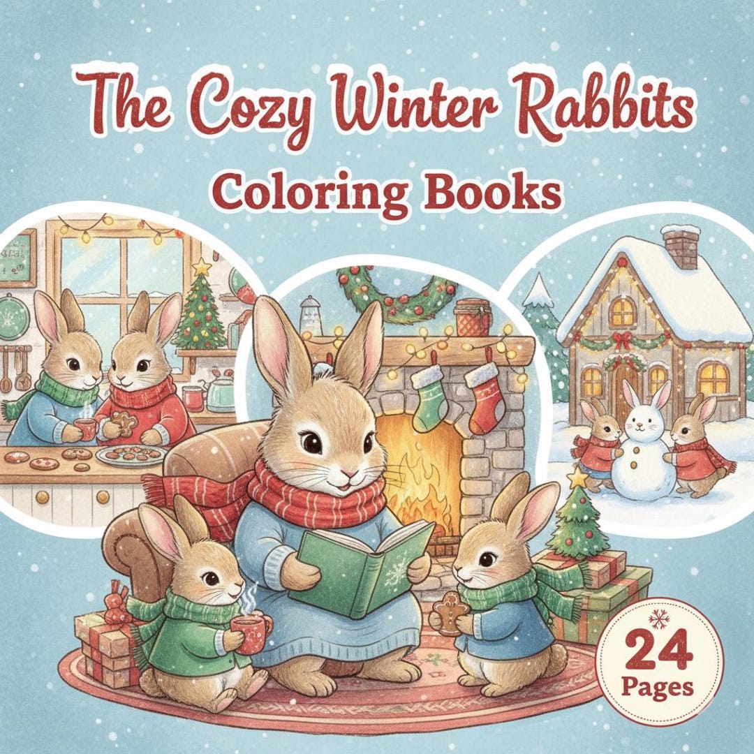 Winter Rabbit Family Coloring Pages: Holiday Animal Line Art (printable ...