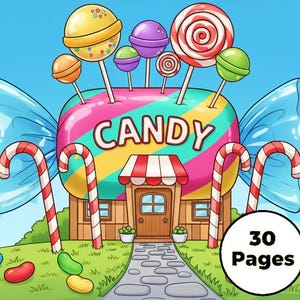 Puede incluir: Ilustración colorida de una tienda de caramelos con techo a rayas y la palabra "CANDY". Piruletas y bastones de caramelo rodean la tienda. La imagen incluye el texto "30 Pages" en un círculo.