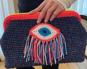 Handmade crochet pink yellow colored evil eye clutch day evening clutch bag special design tasseled cool bag