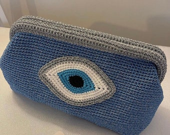 Handmade Crochet Evil Eye Blue Gray Clutch Handbag Personalized Lux Bag